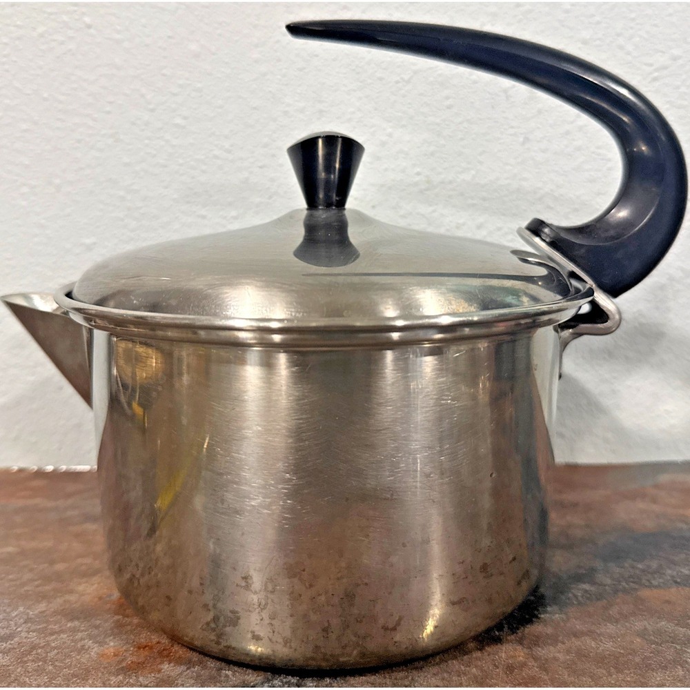 Vintage Farberware 2 Qt Stainless Steel Tea Kettle Model 762 Black Swoop Handle